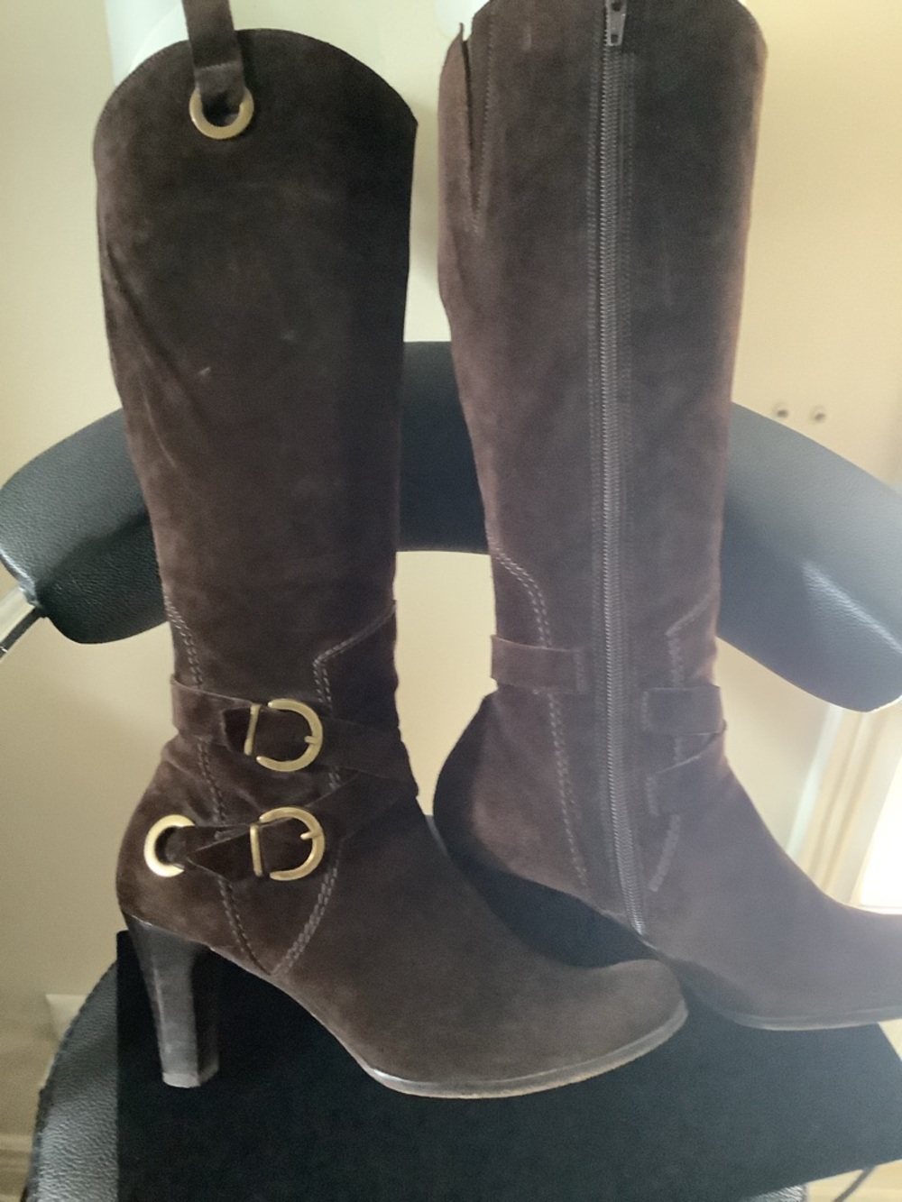 Vaneli Dark Brown Knee High Suede Boots with Double Strap Buckle Detail